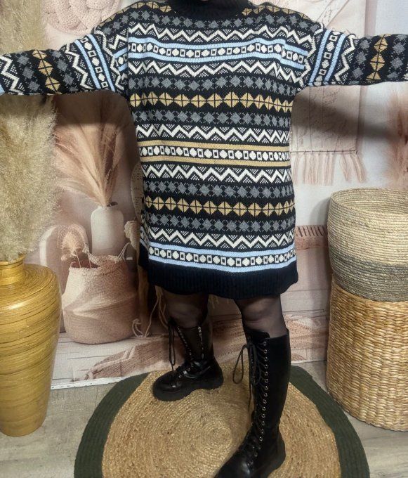 Robe-pull SANS LAINE Jacquard montagnard noir beige écru gris ciel du 34 au 46/48  