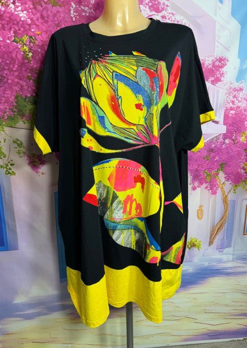 Robe courte oversize noire & jaune Fly Out Fleurs tropicales Strass argentés du 42 au 52/54