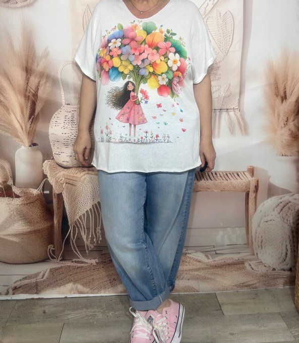 Top ample blanc La Fillette au bouquet de Fleurs Lurex argenté du 40 au 48/50