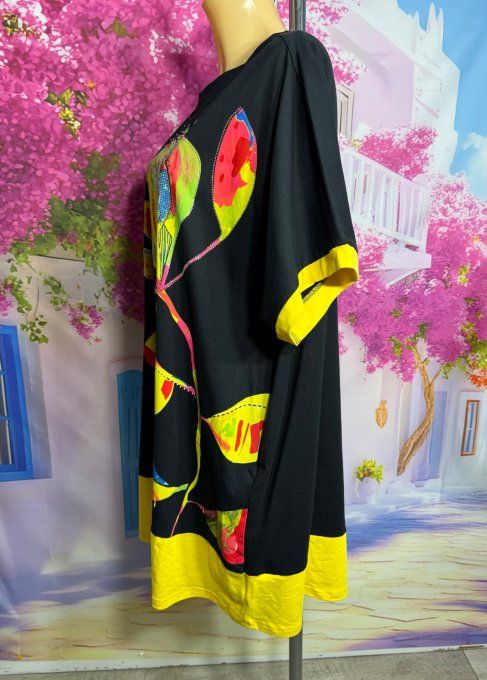 Robe courte oversize noire & jaune Fly Out Fleurs tropicales Strass argentés du 42 au 52/54