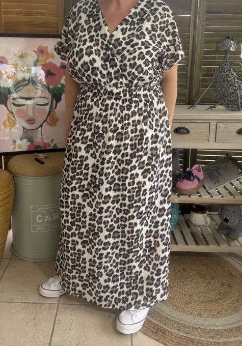 Robe longue cache-coeur gaze de coton léopard crème choco noir du 40 au 48