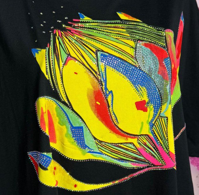 Robe courte oversize noire & jaune Fly Out Fleurs tropicales Strass argentés du 42 au 52/54