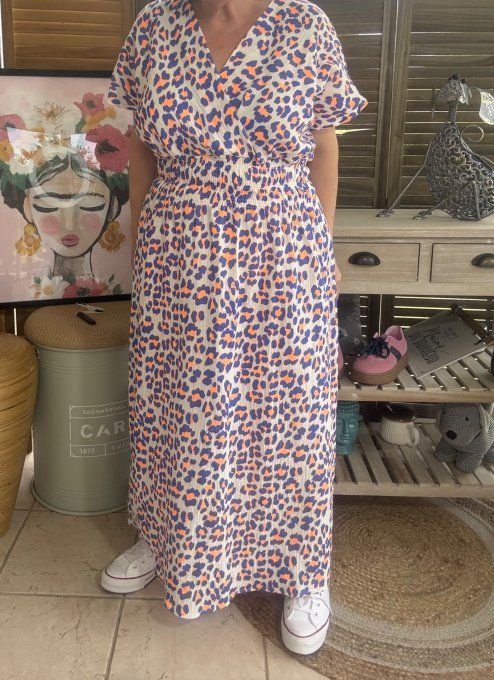 Robe longue cache-coeur gaze de coton léopard bleu royal & orange fluo du 40 au 48