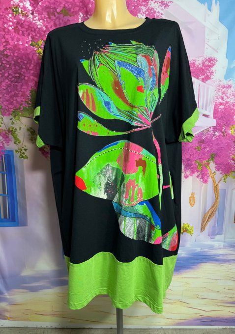 Robe courte oversize noire & verte Fly Out Fleurs tropicales Strass argentés du 42 au 52/54