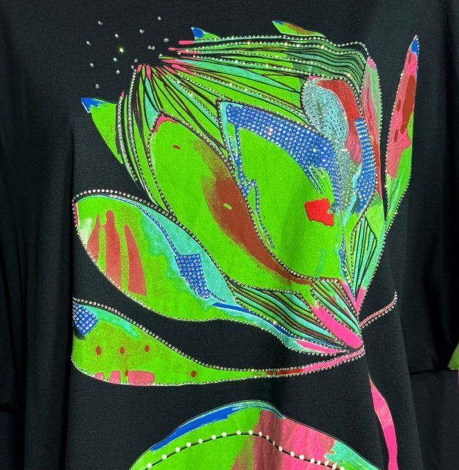 Robe courte oversize noire & verte Fly Out Fleurs tropicales Strass argentés du 42 au 52/54