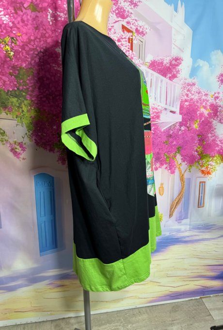 Robe courte oversize noire & verte Fly Out Fleurs tropicales Strass argentés du 42 au 52/54