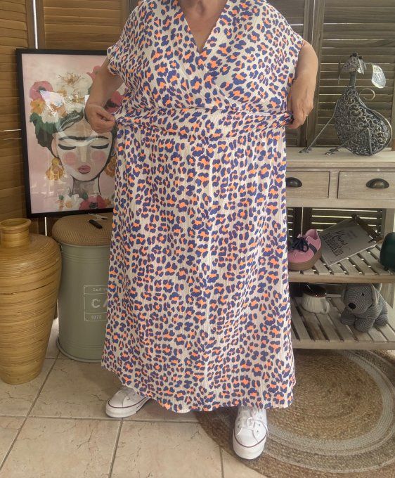 Robe longue cache-coeur gaze de coton léopard bleu royal & orange fluo du 40 au 48