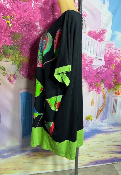 Robe courte oversize noire & verte Fly Out Fleurs tropicales Strass argentés du 42 au 52/54