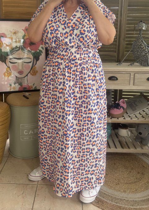 Robe longue cache-coeur gaze de coton léopard bleu royal & orange fluo du 40 au 48