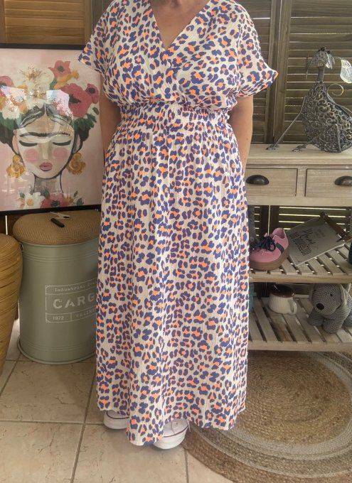 Robe longue cache-coeur gaze de coton léopard bleu royal & orange fluo du 40 au 48