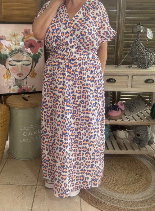 Robe longue cache-coeur gaze de coton léopard bleu royal & orange fluo du 40 au 48