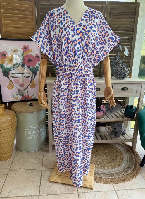 Robe longue cache-coeur gaze de coton léopard bleu royal & orange fluo du 40 au 48