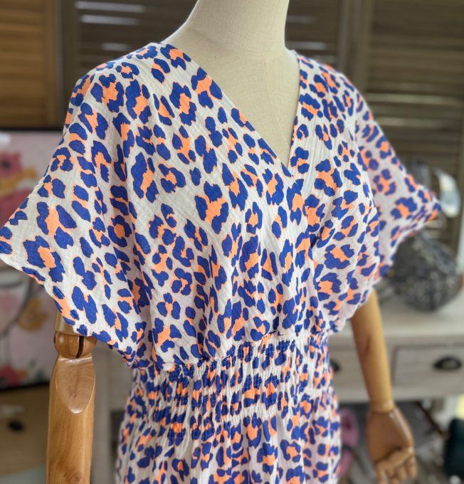 Robe longue cache-coeur gaze de coton léopard bleu royal & orange fluo du 40 au 48