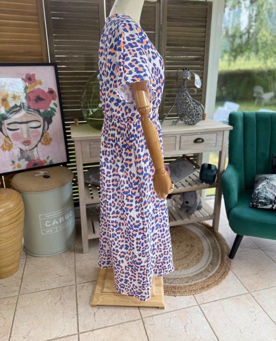 Robe longue cache-coeur gaze de coton léopard bleu royal & orange fluo du 40 au 48
