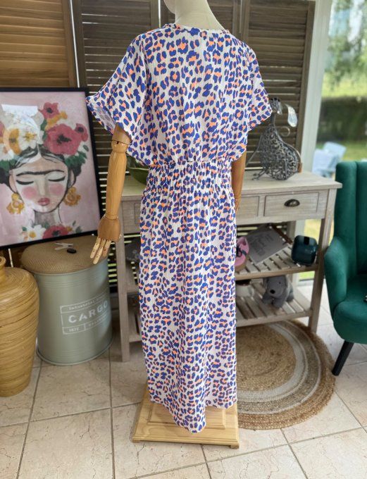 Robe longue cache-coeur gaze de coton léopard bleu royal & orange fluo du 40 au 48