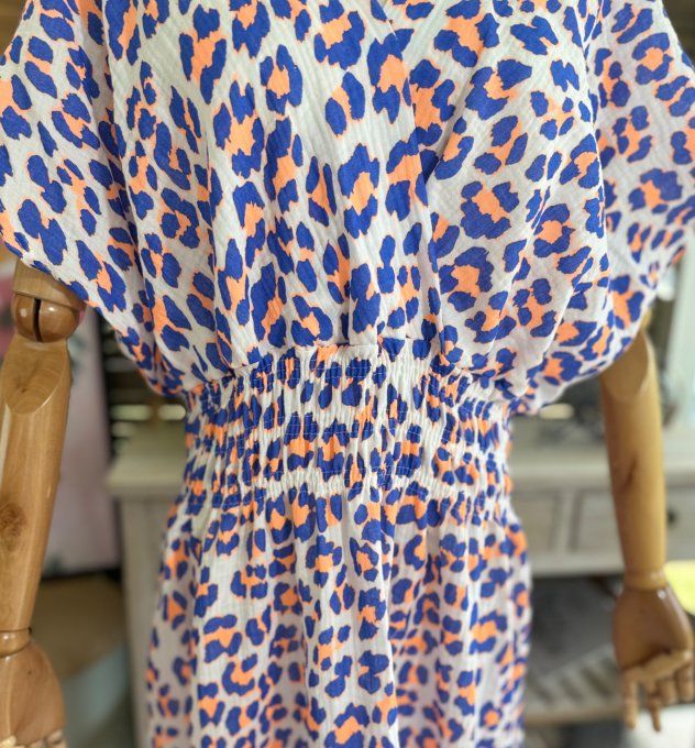 Robe longue cache-coeur gaze de coton léopard bleu royal & orange fluo du 40 au 48
