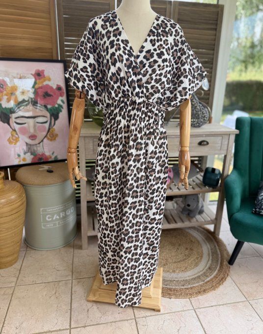 Robe longue cache-coeur gaze de coton léopard crème choco noir du 40 au 48