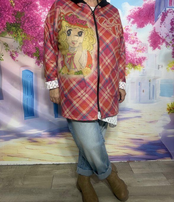 Veste à capuche suédine quadrillé rouge rose Au Pays de Candy du 38 au 48 et même + portée ouverte