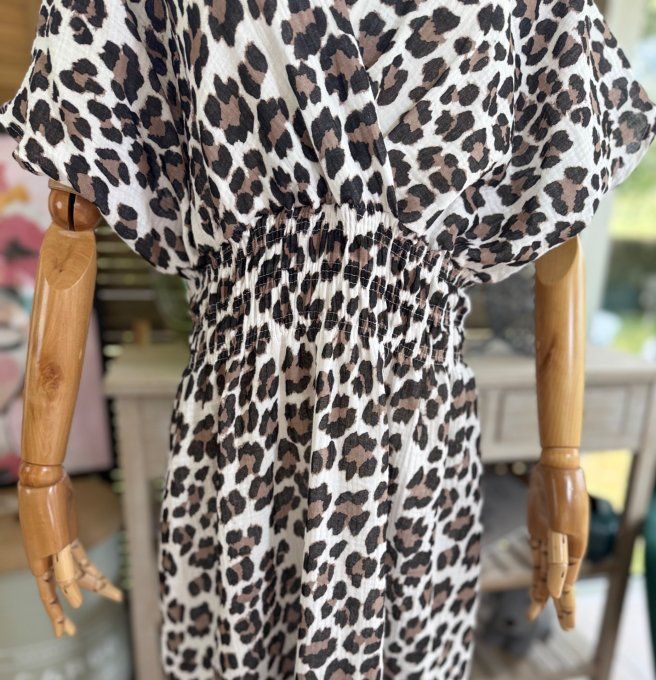 Robe longue cache-coeur gaze de coton léopard crème choco noir du 40 au 48