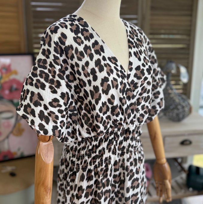 Robe longue cache-coeur gaze de coton léopard crème choco noir du 40 au 48