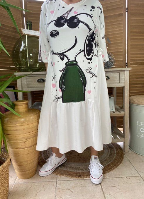 Robe trapèze longue ample blanche taille ajustable Bonjour Snoopy in Paris du 38 au 50 