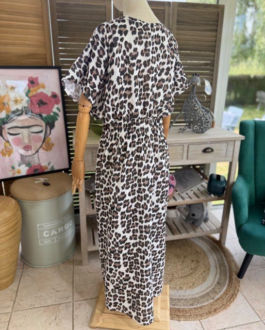 Robe longue cache-coeur gaze de coton léopard crème choco noir du 40 au 48