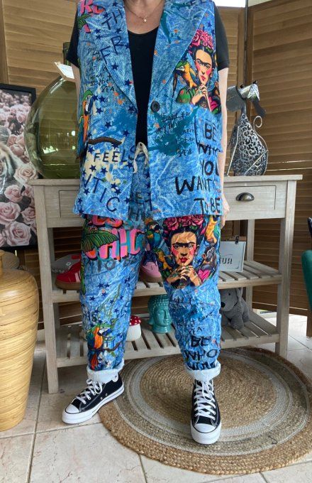 Gilet type barman sans manches effet jeans délavé Frida Kahlo du 40 au 50 et même + 