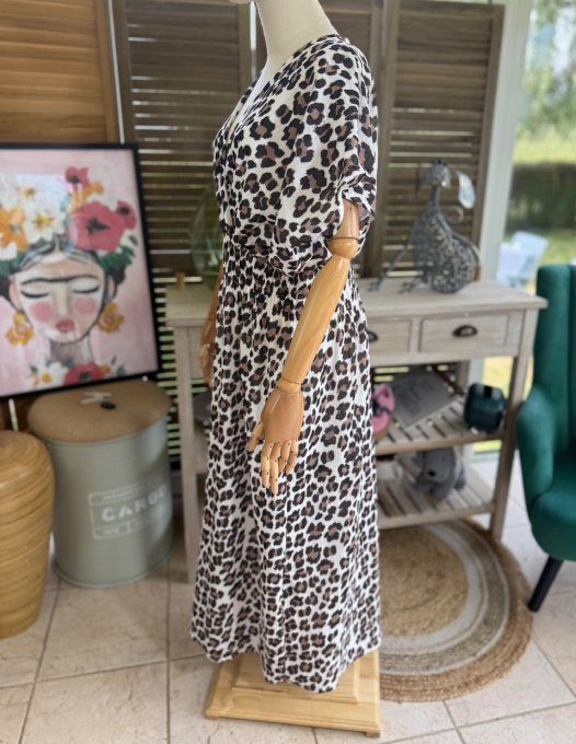 Robe longue cache-coeur gaze de coton léopard crème choco noir du 40 au 48