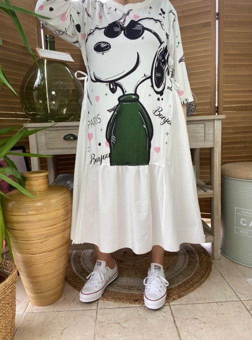 Robe trapèze longue ample blanche taille ajustable Bonjour Snoopy in Paris du 38 au 50 