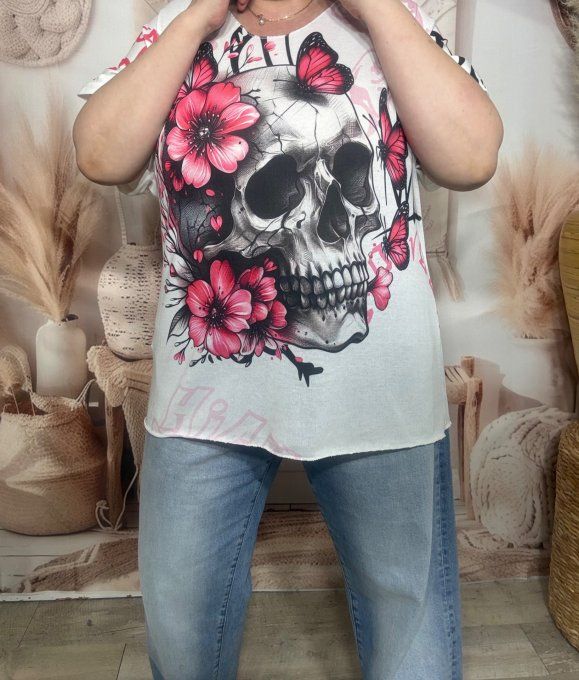 Top ample blanc Black Skulls & Pink Roses Lurex argenté du 40 au 48/50
