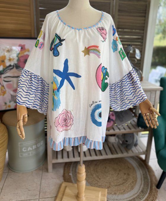 Blouse trapèze manches pagodes oversize blanche Summer Fun Vibes du 40 au 52
