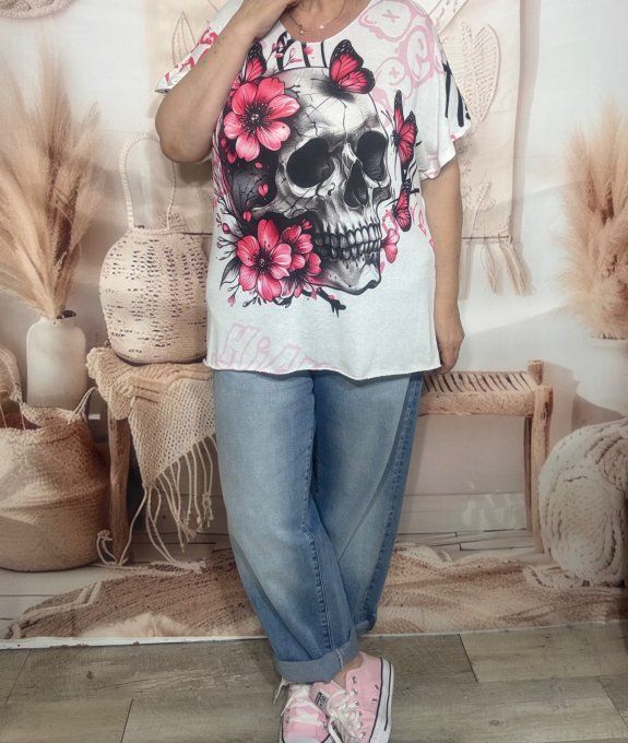 Top ample blanc Black Skulls & Pink Roses Lurex argenté du 40 au 48/50