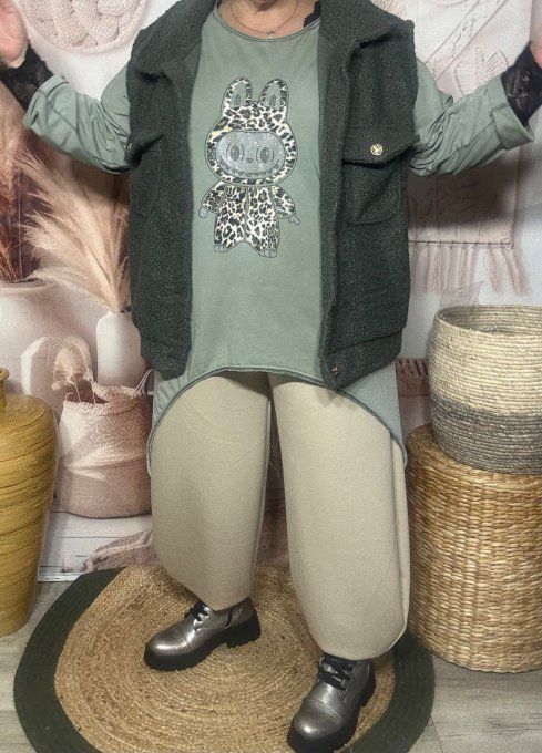 Tunique asymétrique kaki clair Labubu Léopard strass du 40 au 50/52 