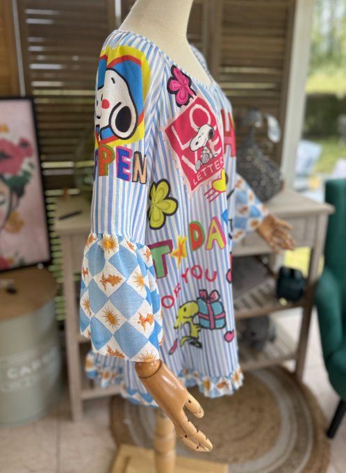 Blouse trapèze manches pagodes oversize rayée Snoopy in Love du 40 au 52