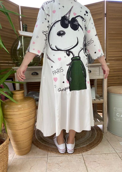 Robe trapèze longue ample blanche taille ajustable Bonjour Snoopy in Paris du 38 au 50 