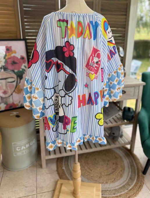 Blouse trapèze manches pagodes oversize rayée Snoopy in Love du 40 au 52