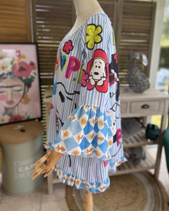 Blouse trapèze manches pagodes oversize rayée Snoopy in Love du 40 au 52