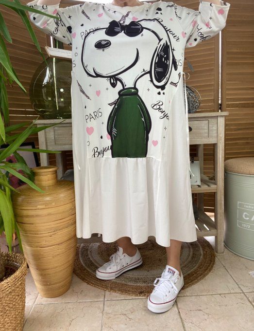 Robe trapèze longue ample blanche taille ajustable Bonjour Snoopy in Paris du 38 au 50 