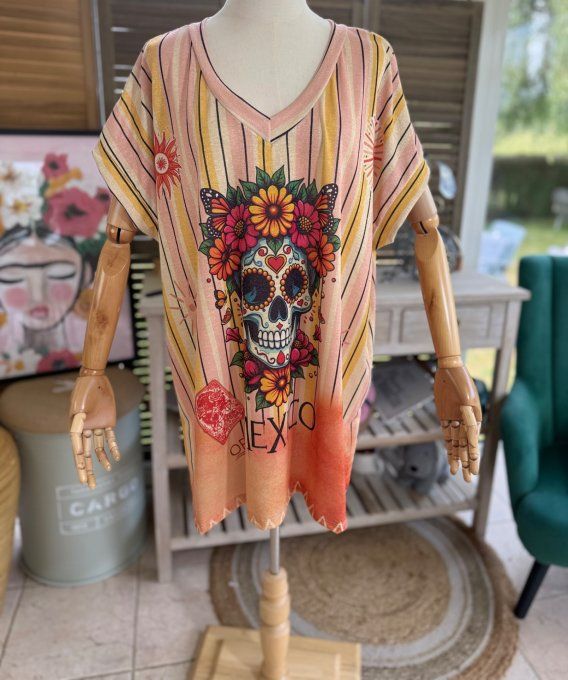 Top ample lurex pailleté doré Mexican Skulls Calavera du 40 au 52