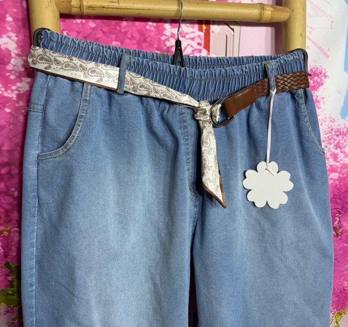 Jeans coupe droite taille élastiquée stone Mina Rosa + ceinture offerte Stretch ++ du 40 au 48