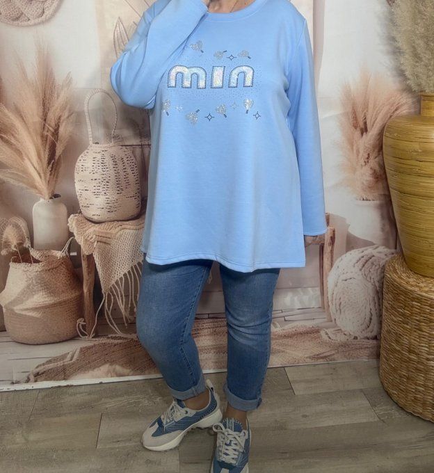 Sweat trapèze ample bleu ciel Min dentelle arc-en-ciel et strass argentés du 38 au 48/50