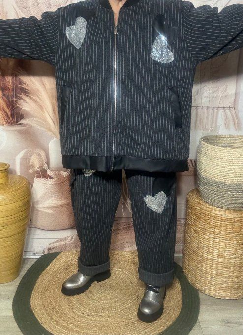 Blouson bombers ample gris fines rayures patchs strass du 42 au 52 et même +