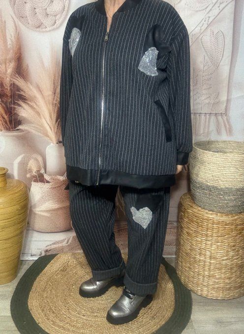 Blouson bombers ample gris fines rayures patchs strass du 42 au 52 et même +