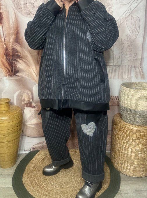 Blouson bombers ample gris fines rayures patchs strass du 42 au 52 et même +