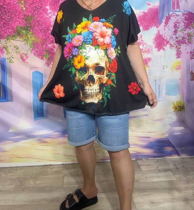 Tee-shirt ample noir Skulls TDM aux fleurs multicolores du 42 au 54/56 