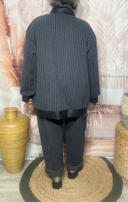 Blouson bombers ample gris fines rayures patchs strass du 42 au 52 et même +