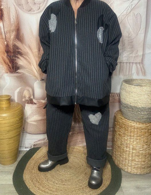 Blouson bombers ample gris fines rayures patchs strass du 42 au 52 et même +