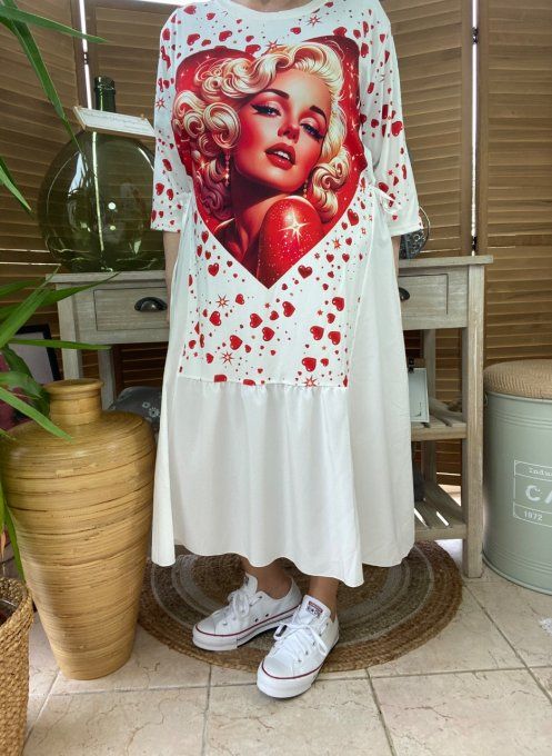 Robe trapèze longue ample blanche taille ajustable Marylin Monroe in Love du 38 au 50 