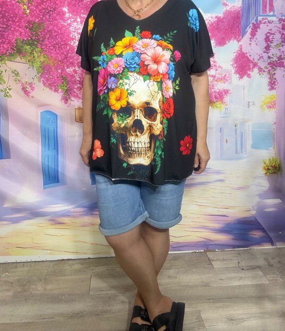 Tee-shirt ample noir Skulls TDM aux fleurs multicolores du 42 au 54/56 