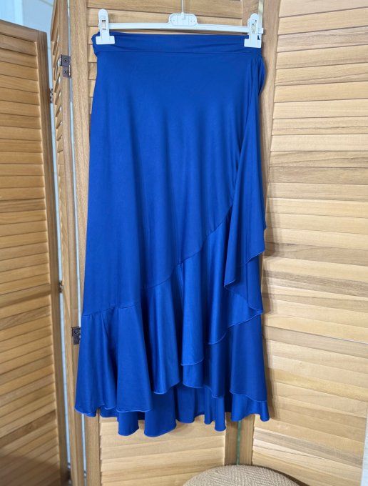 Jupe porte-feuille volantée ample taille réglable bleu royal stretch ++++ du 38 au 48/50  